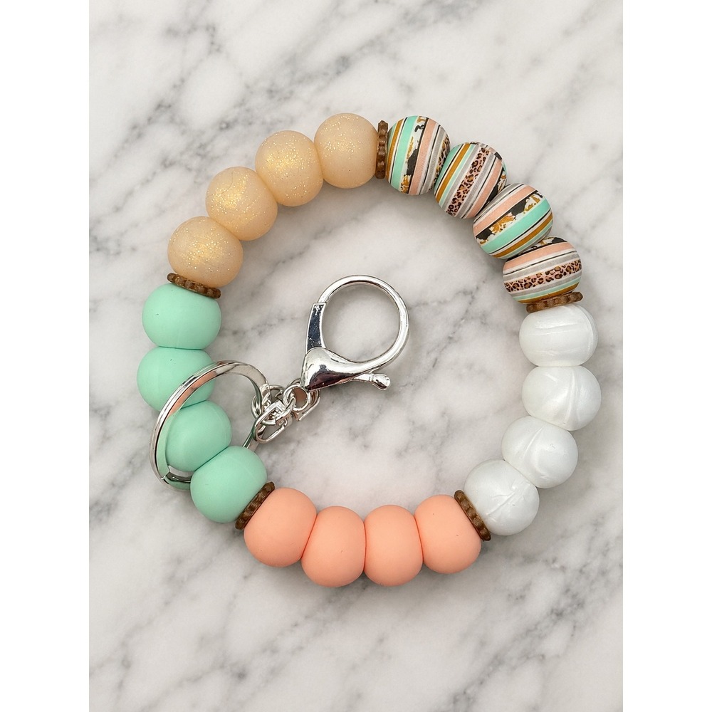Handmade Silicone Bead Wristlet Keychain Non Stretchy Boho Key Ring Mint Peach